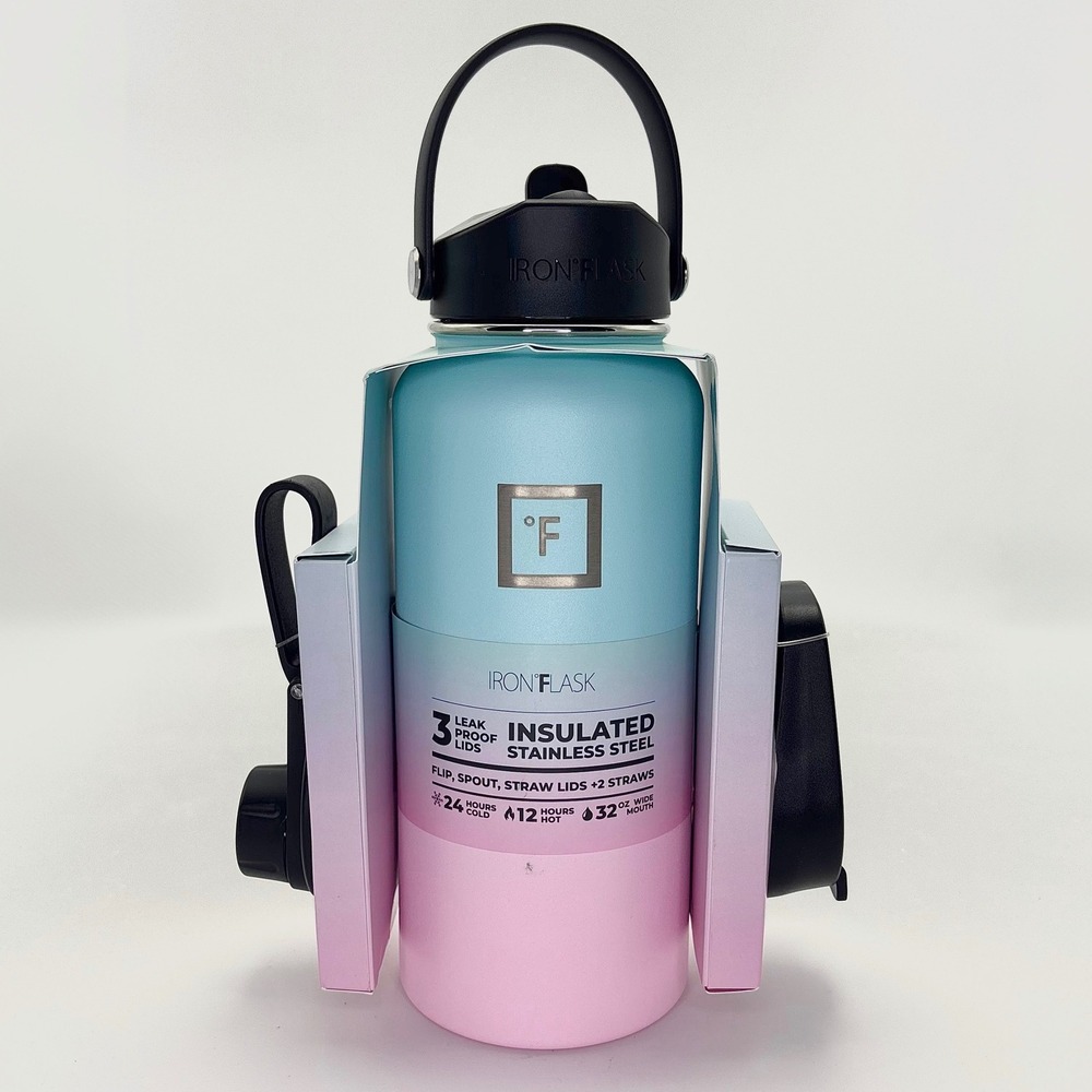 Iron Flask 32 oz Insulated Stainless Steel Water Bottle‎ Bubble Gum 3 Lids NEW